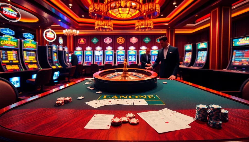 Engaging betting scene showcasing Tool xổ số siêu tốc with casino tables and vibrant roulette wheel.