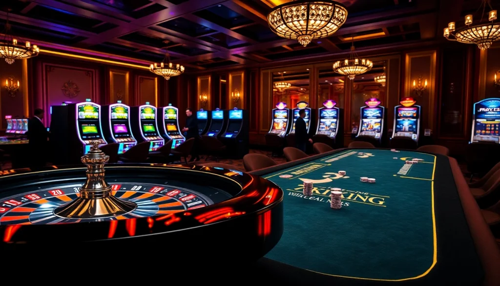 Experience the excitement of 79KING at a luxury casino with vibrant gaming tables and colorful chips.