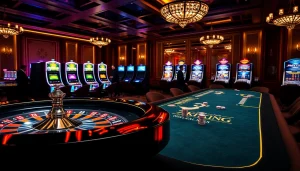 Experience the excitement of 79KING at a luxury casino with vibrant gaming tables and colorful chips.