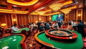 Action-packed gaming at LC88 Casino featuring roulette, poker chips, and enthusiastic players.
