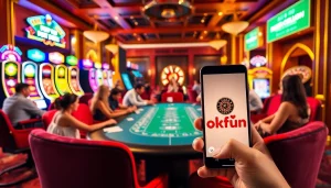 Experience the excitement of gaming with link okfun in a luxurious casino setting featuring poker and roulette.