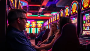 Permainan mpo1221 yang mendebarkan di kasino dengan mesin slot berwarna-warni.