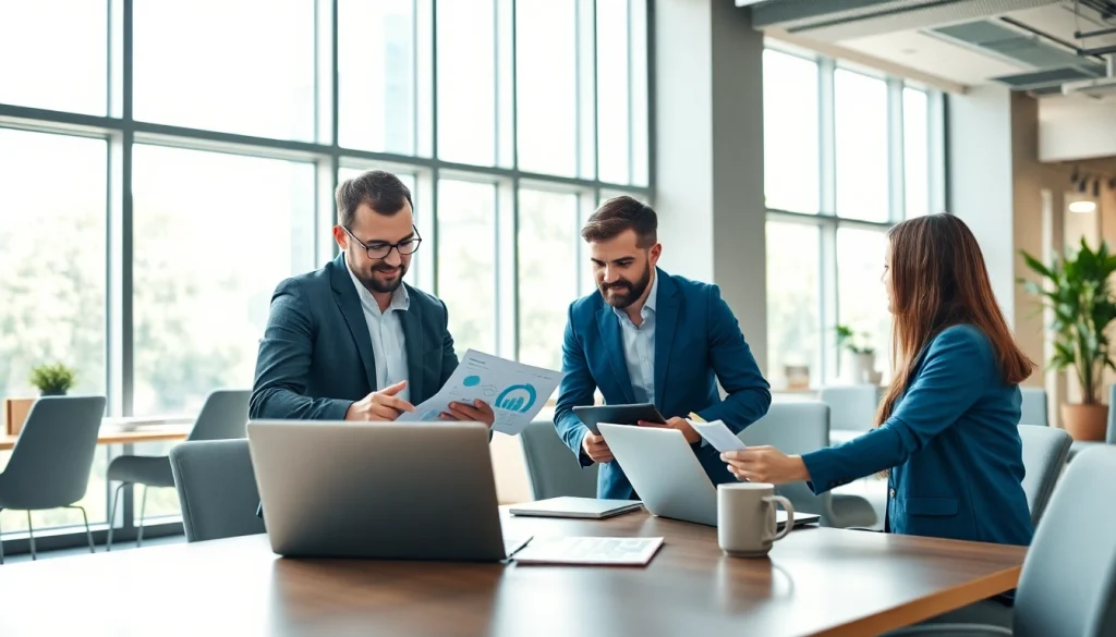 Analyzing business growth insights with a collaborative team in a bright office.