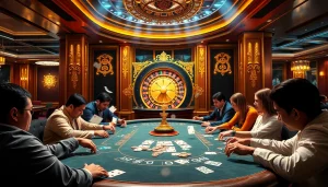A high-stakes poker game at https://13win00.com/ featuring vibrant casino elements and excited players.