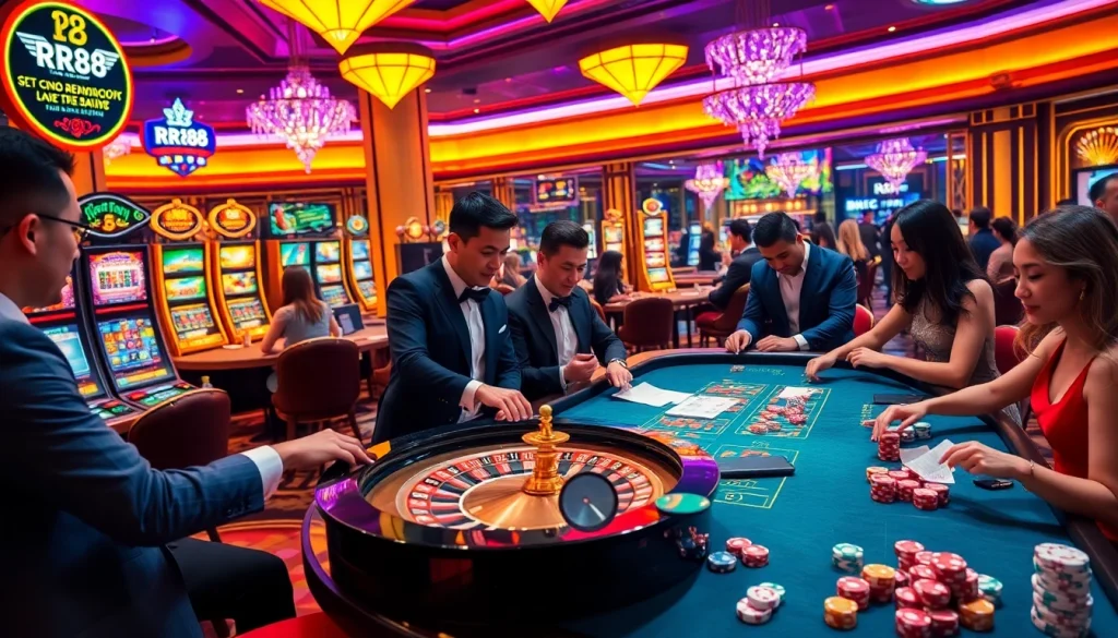 RR88 players strategizing at a luxurious roulette table, highlighting the thrill of casino gaming.