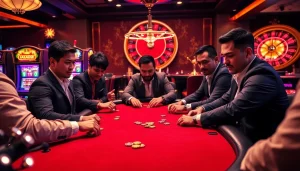 Naga99 players strategizing at a poker table in a vibrant casino.