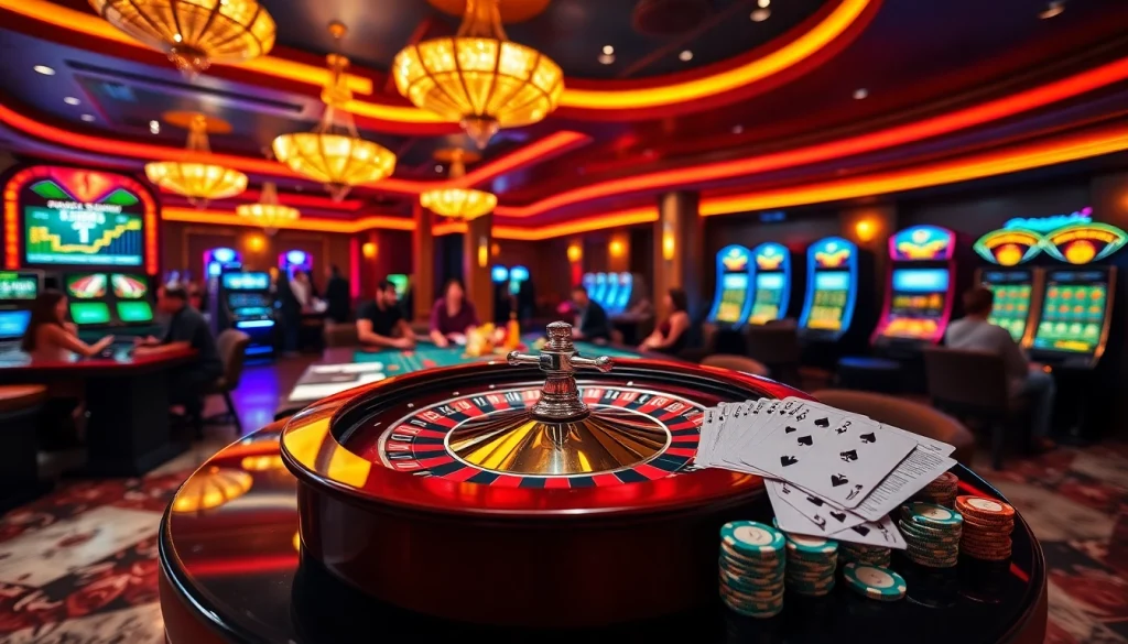 Experience the thrill of gaming at https://yo88.cash/ with an exciting casino scene featuring roulette wheels and poker chips.