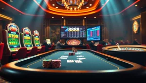 Experience the thrill of 888NEW with a vibrant casino scene showcasing poker tables and slot machines.