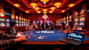 Exciting gambling scene featuring #98win logo with players at a casino table.