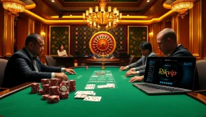 Engage with rikvip at a luxurious poker table under ambient lighting featuring poker chips and cards.