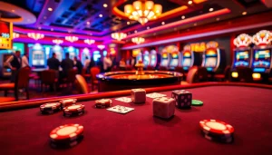 Experience the excitement of TK88 Casino with vibrant poker chips and a spinning roulette wheel.