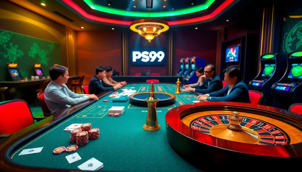 Dynamic gamblers placing bets at nhà cái PS99's vibrant casino table.