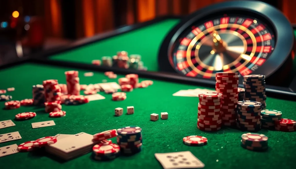 Intense gaming action at BL555 casino table filled with poker chips and cards.
