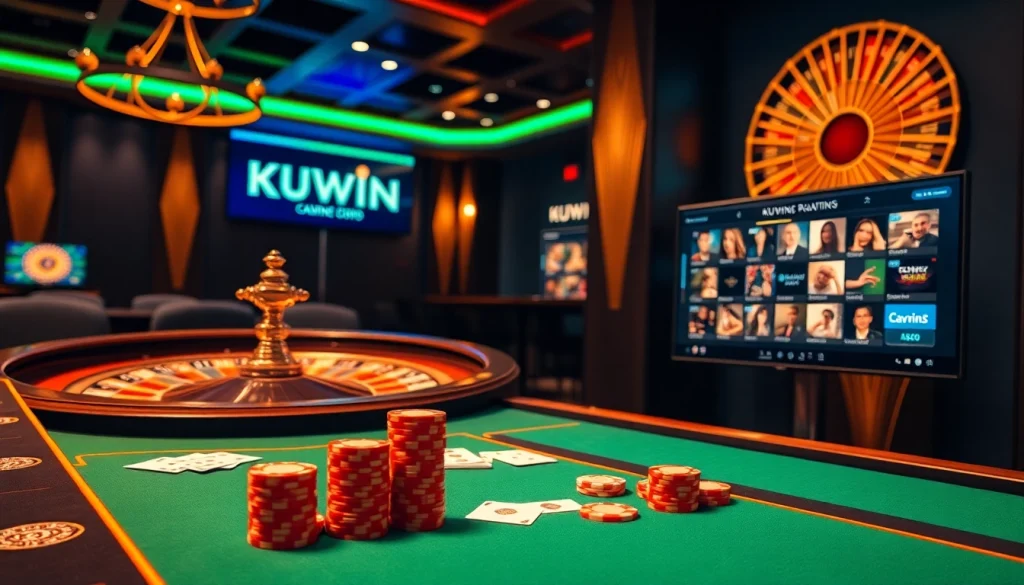 KUWIN casino scene showcasing vibrant poker chips and a roulette wheel amidst a luxurious atmosphere.