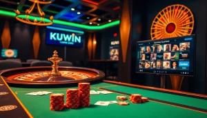KUWIN casino scene showcasing vibrant poker chips and a roulette wheel amidst a luxurious atmosphere.