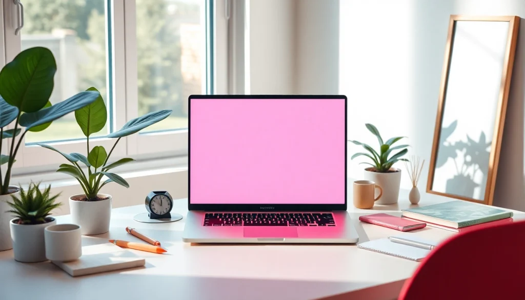 Pink screen enhancing a calming workspace atmosphere for creativity.