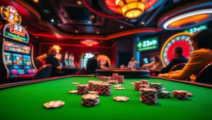 Experience the thrill of playing at 23win with poker chips and vibrant casino tables.