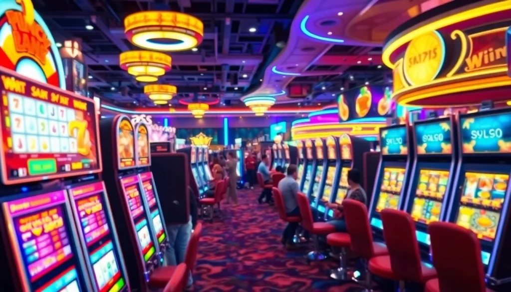 Menangkan permainan slot depo 1k dalam suasana kasino yang ramai dan penuh warna.