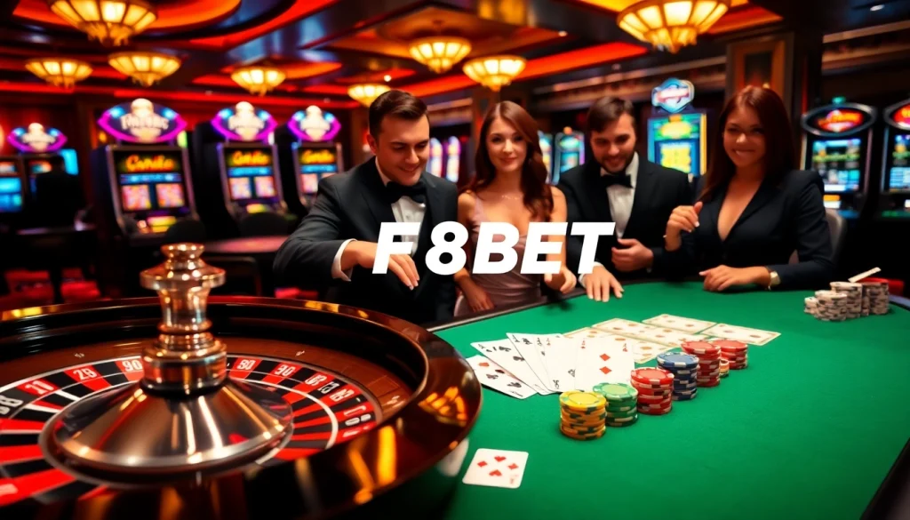 Experience the thrill of F8BET with a vibrant casino scene featuring roulette and blackjack.