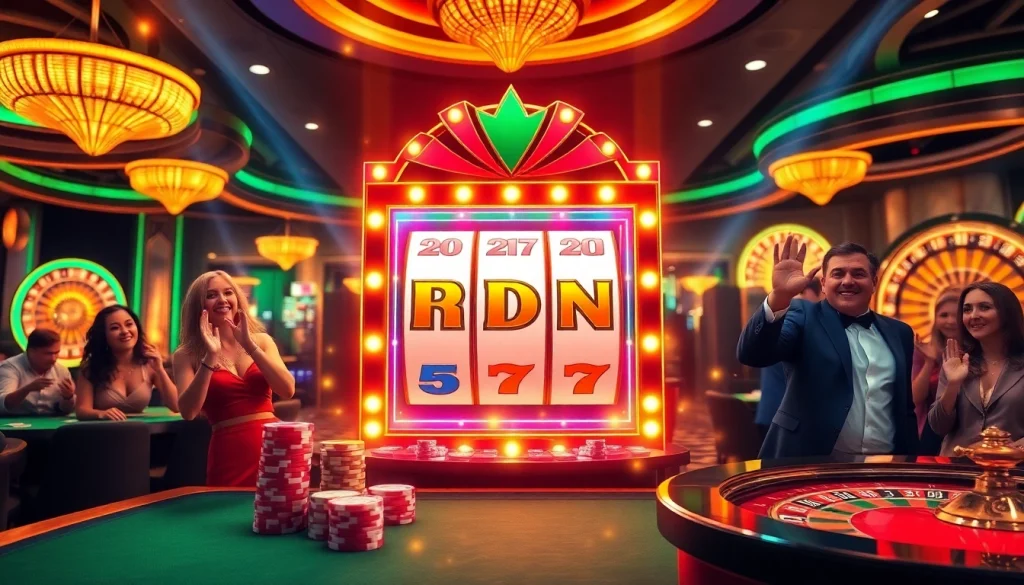 Engaging players enjoying the idn slot machine in a vibrant casino, celebrating wins.