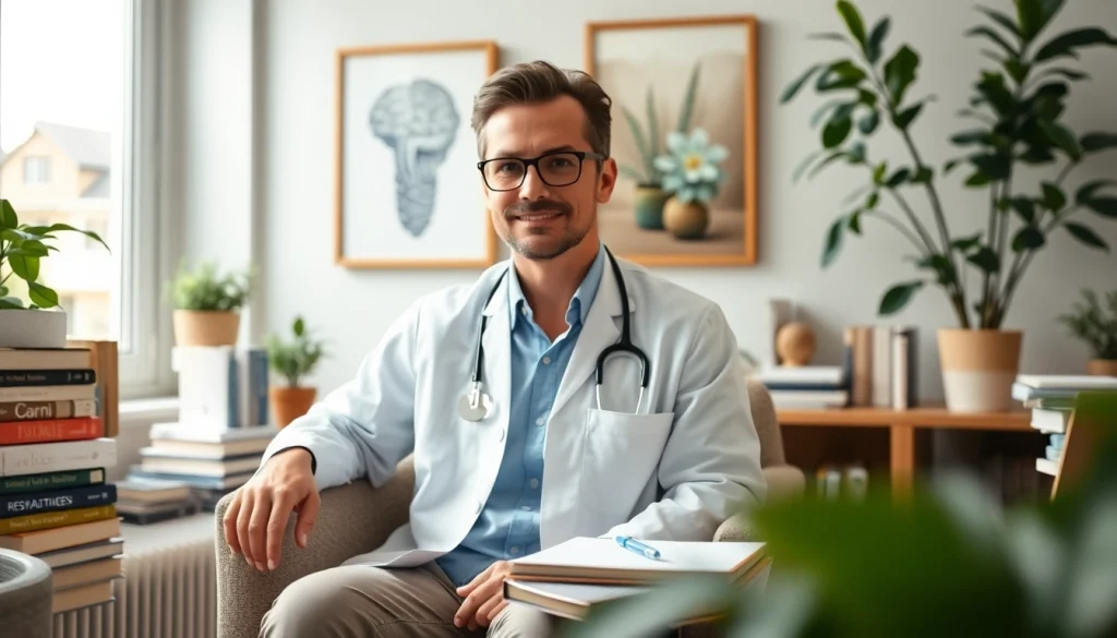 Illustration of mental health support for addressing psychiatric disorders india in a calming office setting.