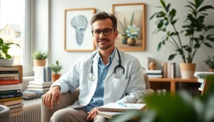 Illustration of mental health support for addressing psychiatric disorders india in a calming office setting.