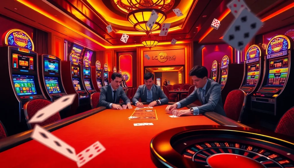 Exciting poker game scene at LC88 Casino featuring professional players and vibrant slot machines.