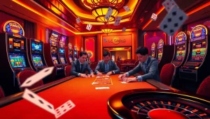 Exciting poker game scene at LC88 Casino featuring professional players and vibrant slot machines.