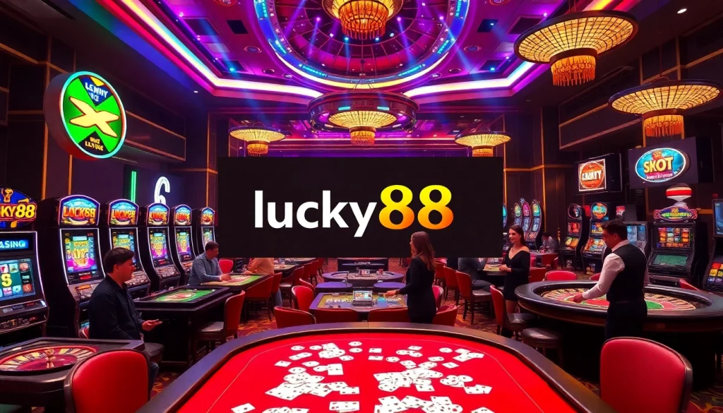 Exciting scene of gamblers enjoying lucky88 at a vibrant casino with colorful slot machines and a festive atmosphere.