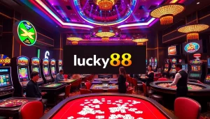 Exciting scene of gamblers enjoying lucky88 at a vibrant casino with colorful slot machines and a festive atmosphere.