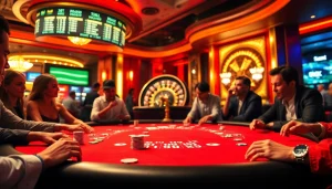 Engaged players at a vibrant poker table in a luxurious casino setting showcasing https://s8.boston/ as the stakes rise.