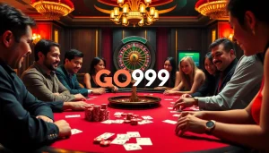 Players enjoying an exciting poker game at a luxurious casino table with GO99 branding.
