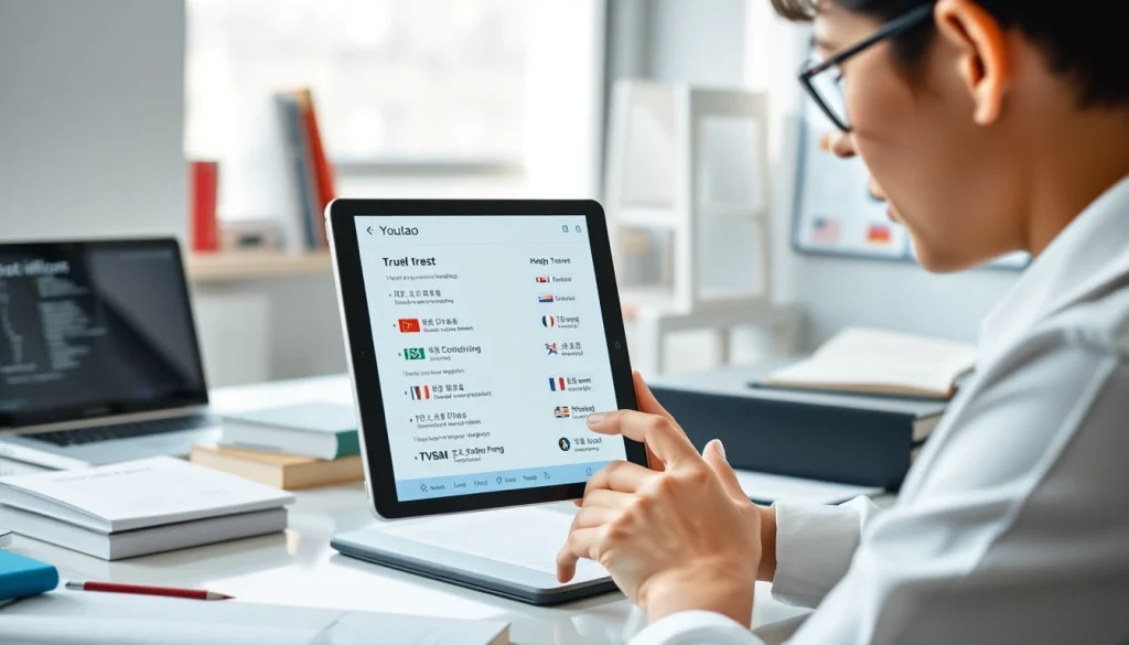 Youdao translation app in a vibrant digital learning environment showcasing multilingual translations on a tablet.