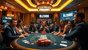 Engaging players at the luxurious BJ388 casino table, showcasing excitement and high-stakes action.