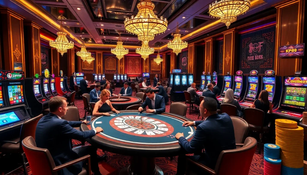 Experience the thrilling action of KP88 at a vibrant casino with lively poker tables and slot machines.