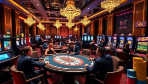 Experience the thrilling action of KP88 at a vibrant casino with lively poker tables and slot machines.