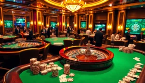 Experience the excitement of online gambling with poker and roulette at https://mb66-th.com/ in a vibrant casino scene.