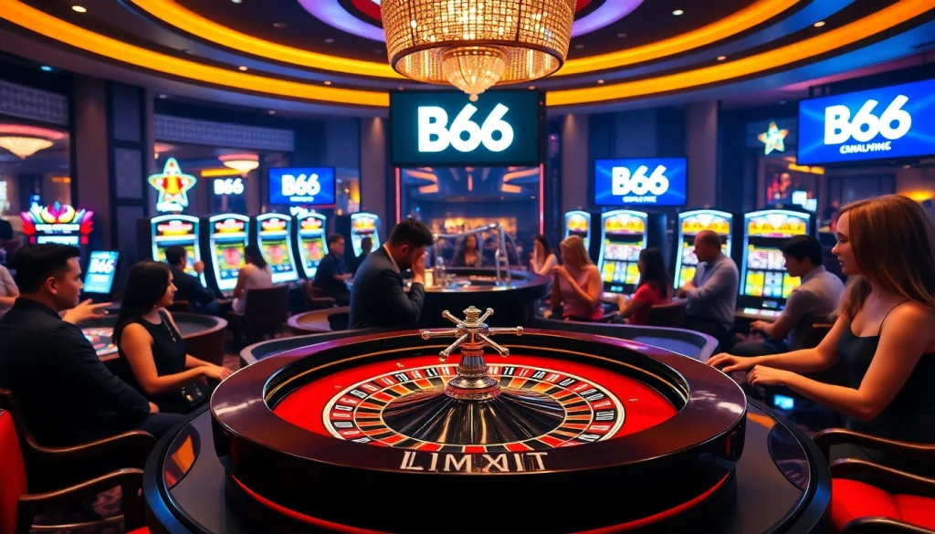 Experience the excitement of B66 casino with players at a roulette table.
