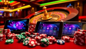 Experience the thrill of tài xỉu online with interactive gaming elements, vibrant poker chips, and an elegant casino background.