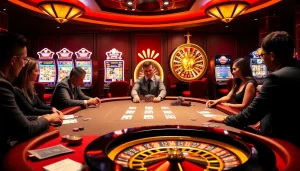 High-stakes poker action at https://rr88a.us.com/ with vibrant casino elements and engaged gamblers.