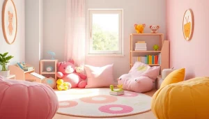 Colorful MMOO children's space with cozy reading nook and plush toys.