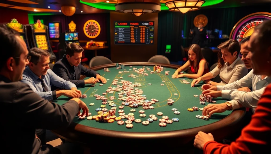 Experience the excitement of רמיקוב אונליין with players strategizing at a casino table.
