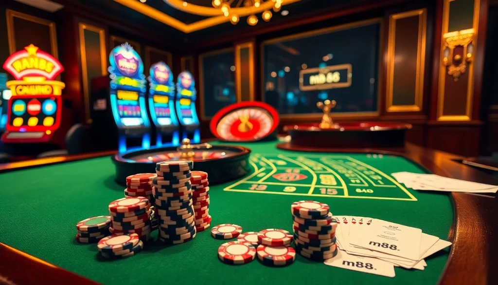 Engage with mb 88 casino action surrounded by vibrant slot machines and dynamic poker chips.