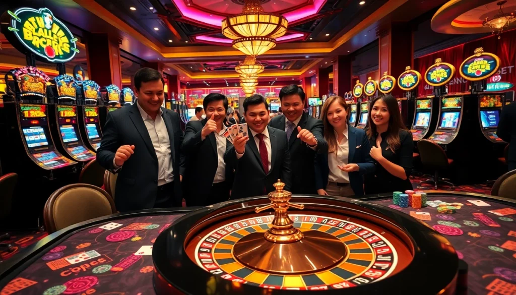 I9bet casino scene showcasing vibrant gaming tables and an exciting roulette wheel.