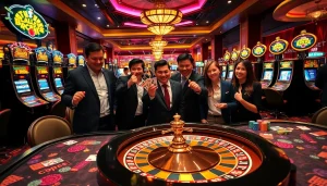 I9bet casino scene showcasing vibrant gaming tables and an exciting roulette wheel.