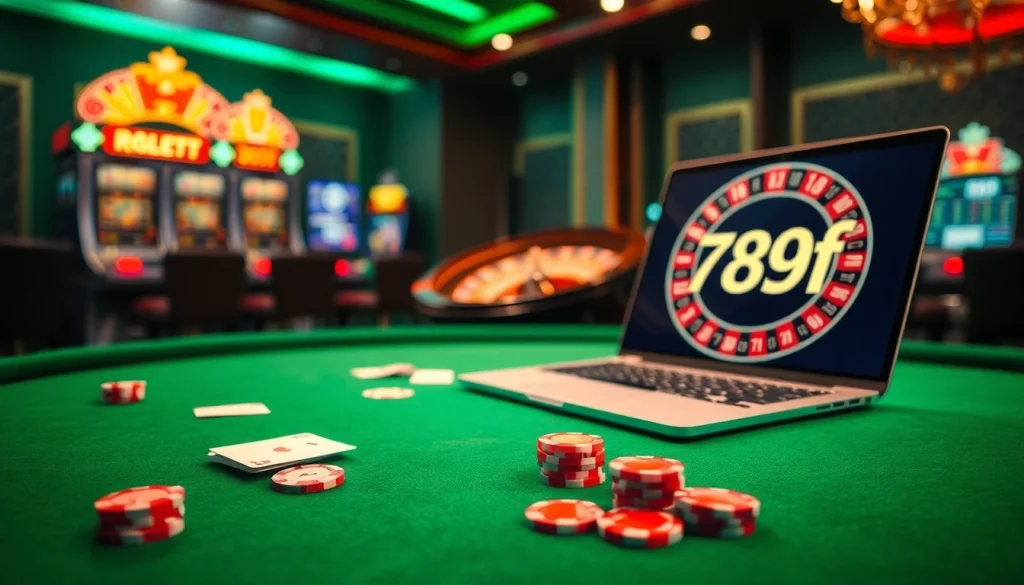 Engaging gameplay scene at a casino with 789f poker chips and cards laying on the felt table.
