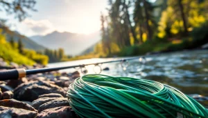 Cast fly fishing line over a peaceful river scene with lush greenery.