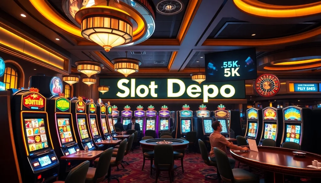 Experience excitement at a slot depo 5k casino scene with vibrant gaming machines and players betting.