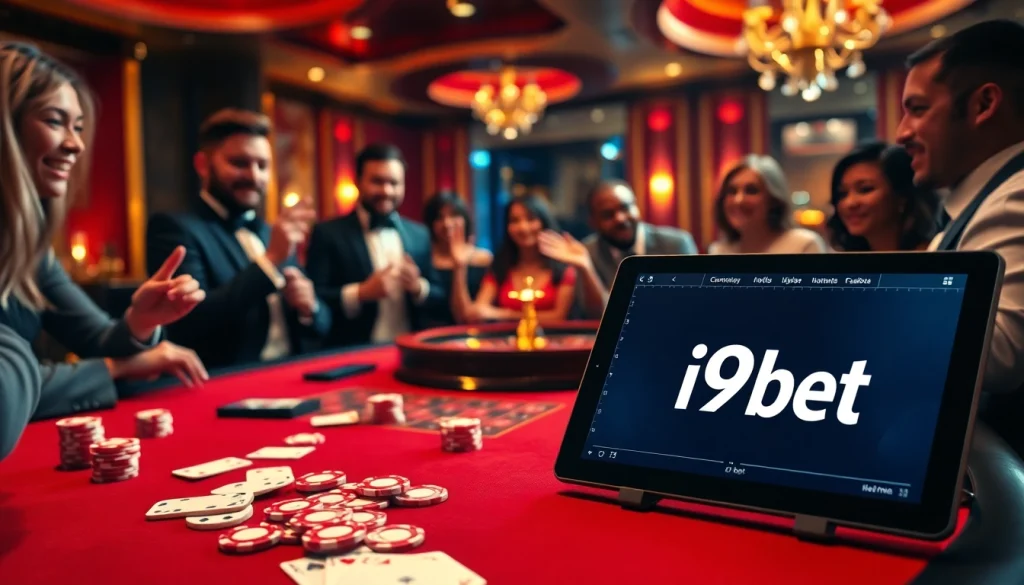 i9bet players engaging at a luxurious casino table with poker chips and cards.