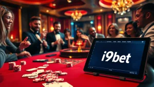i9bet players engaging at a luxurious casino table with poker chips and cards.